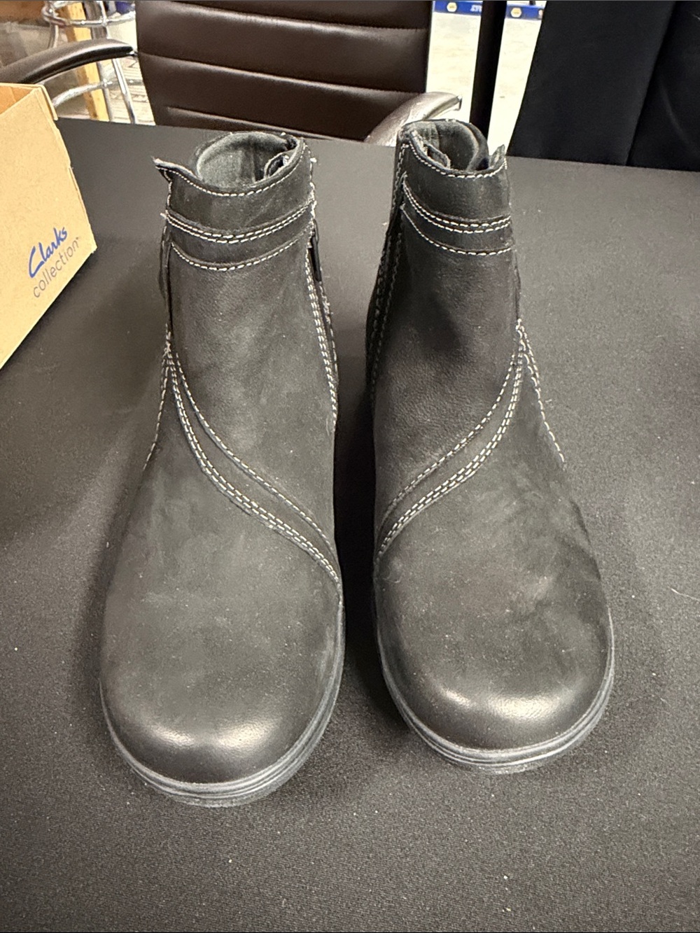 Clarks Black Suede Ankle Boots with Contrast Stitching
